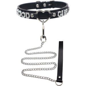 Unisex Gothic Leather Choker Necklace Heart O-ring with Chain Leash